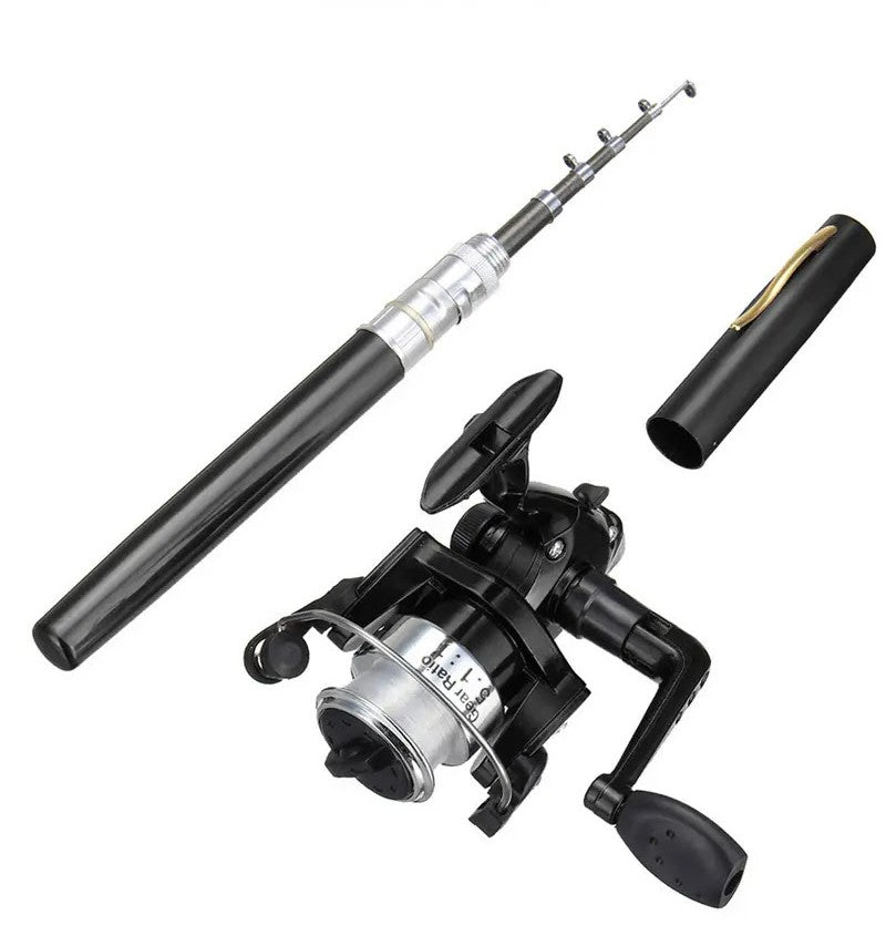 LEO Collapsible Fishing Rod + Reel Combo-Reel 5.1:1 Rod Fiberglass Aluminum Portable Fishing Rod - Black