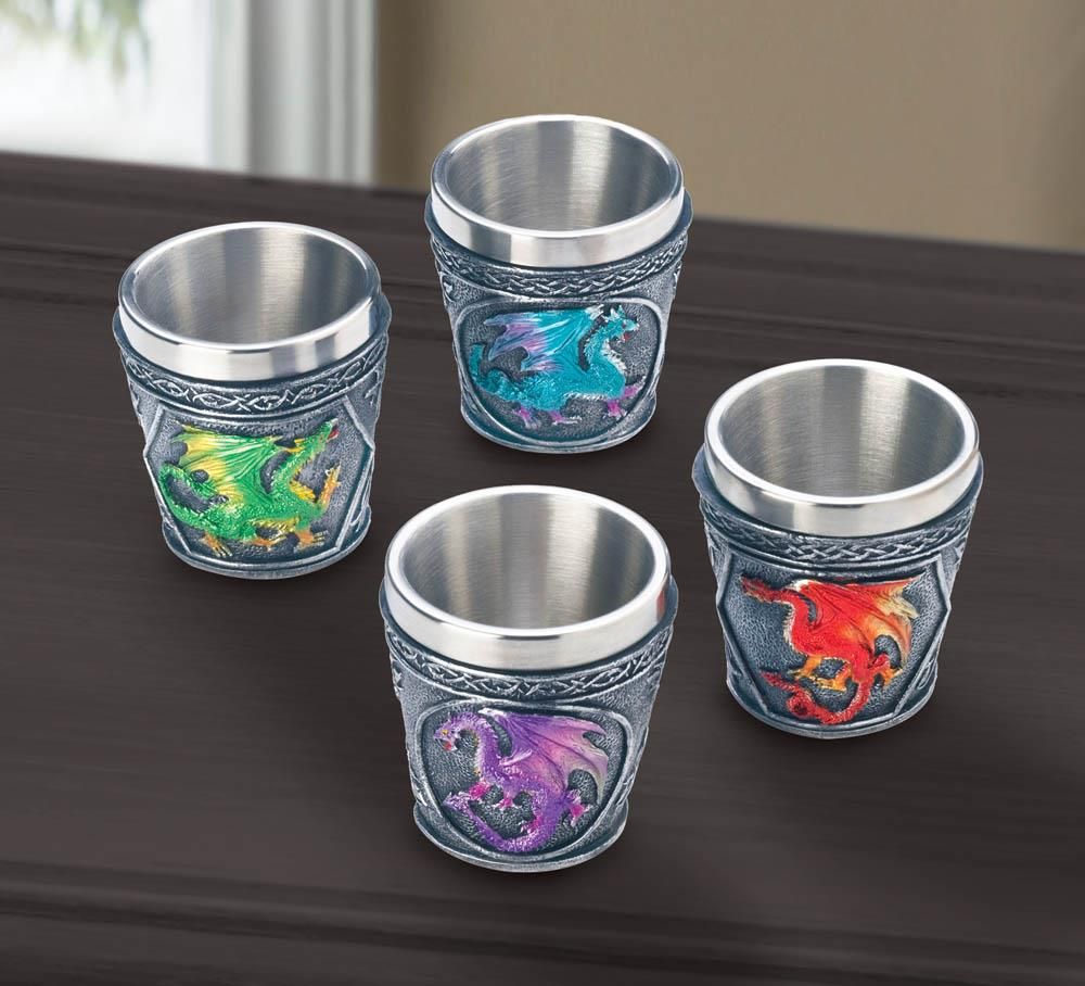 Mythical Dragons Stainless Steel 4 Shot Glass Set